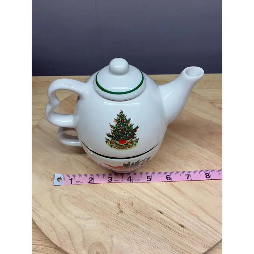 Pfaltzgraff Christmas Tree Tea for One Set | Teapot and Cup Stackable